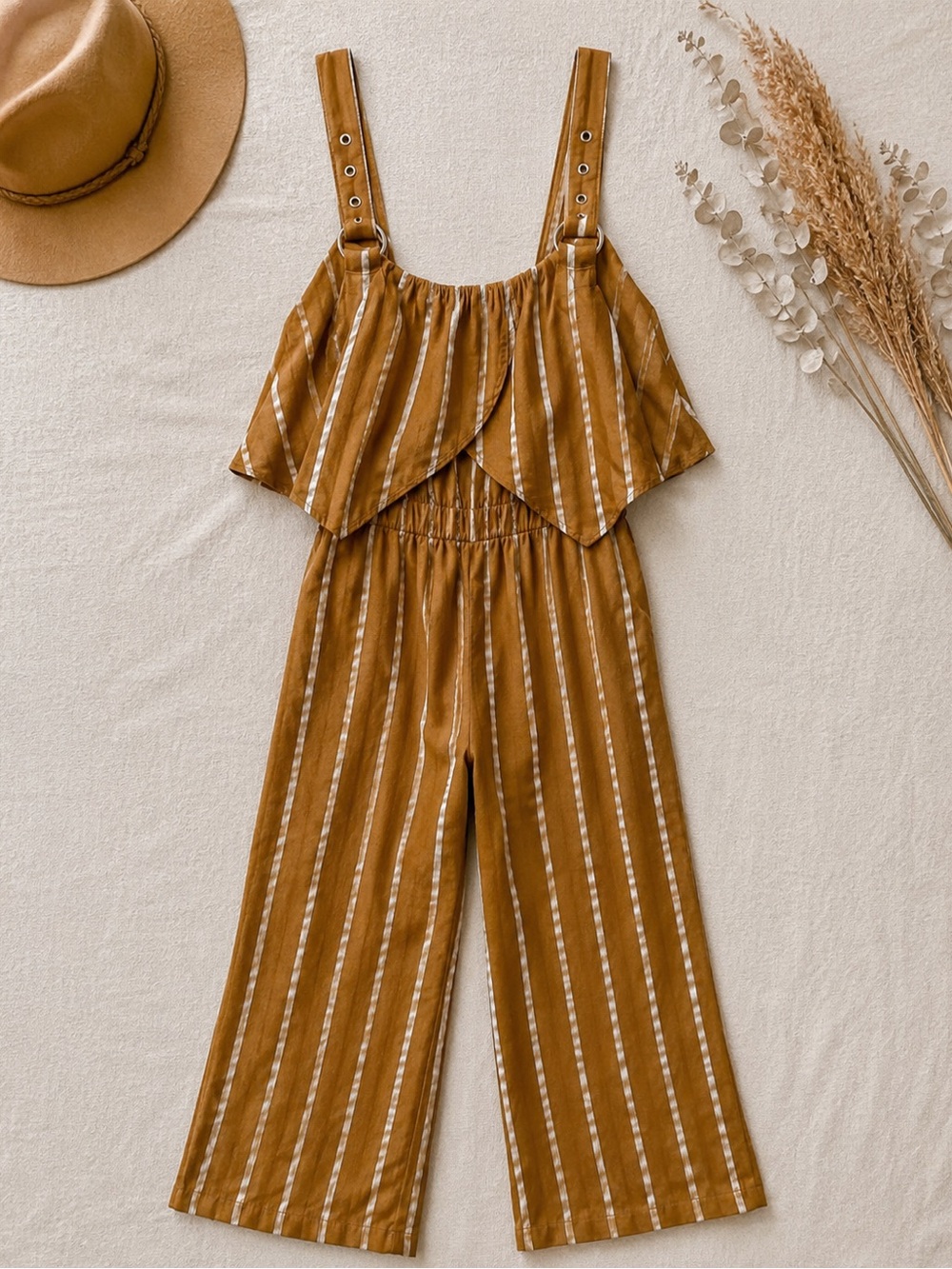 Le Lis Mustard-Striped Wide Leg Jumpsuit with Adjustable Straps
